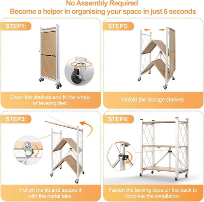 3 Tier Folding Shelf with Wheels, Metal Steel Collapsible Shelves, Folding - Image 9