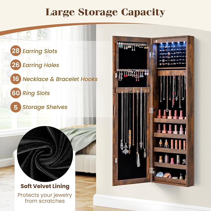 5 LEDs Mirrored Jewelry Cabinet Wall Mounted or Door Hanging, 42” Jewelry Box - Image 4