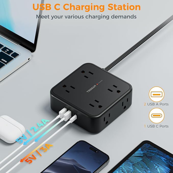 15 FT Extension Cord, TESSAN Ultra Thin Flat Plug Power Strip Surge Protector - Image 5