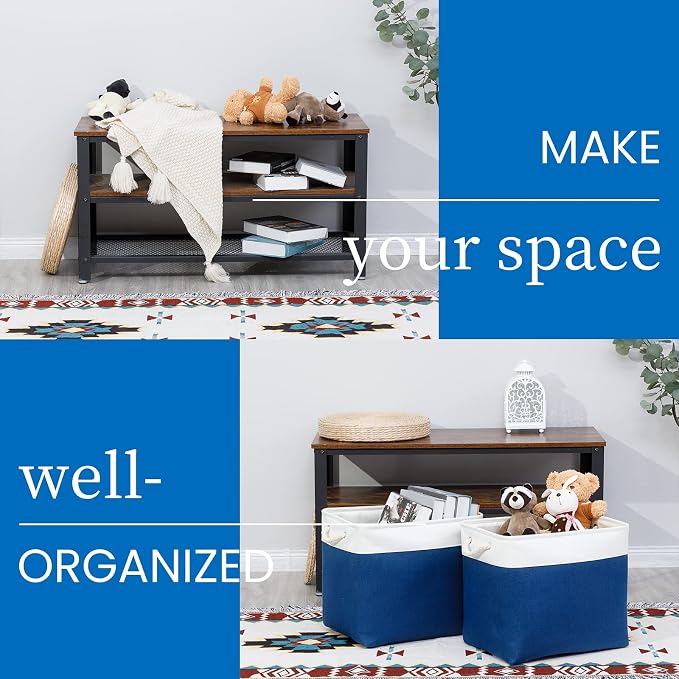 Bidtakay Large Canvas Organization Bins Set of 2 Navy Blue Rectangular Baskets - Image 4