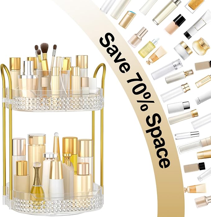 360 Rotating Makeup Organizer 2 Tier, Large Skincare Clear Make Up Storage - Image 2