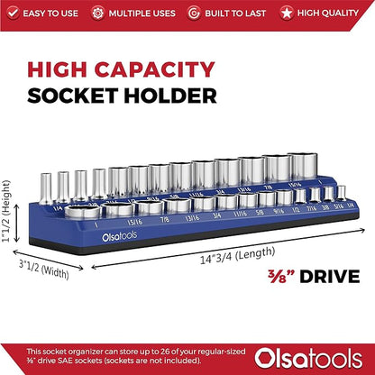 Olsa Tools Magnetic Socket Organizer | 3/8-inch Drive | SAE Blue | Holds 26 - Image 3
