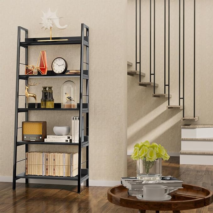 Himimi Black Ladder Bookshelf, 5 Shelf Bookcase Industrial Bookshelf Wood and - Image 9