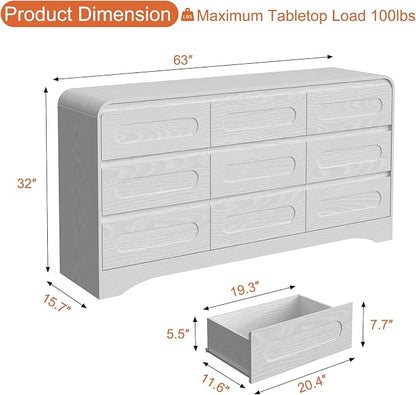 Dresser for Bedroom with 9 Drawers, Wood Closet Clothes Storage Long Dressers - Image 2