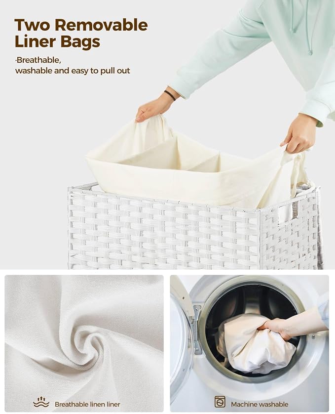 Greenstell Laundry Hamper with Wheels&Lid, 130L Large 3 Sections Clothes Hamper - Image 4