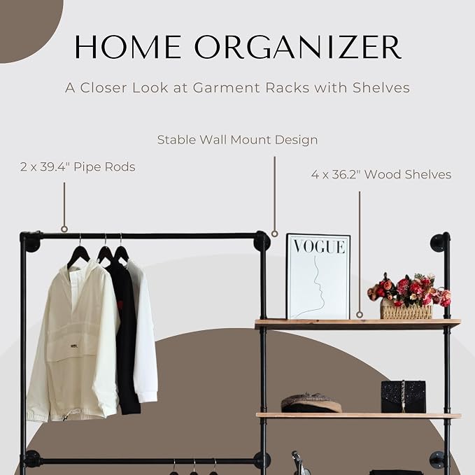 Industrial Pipe Clothing Rack, Wall Mounted Garment Black Wall Hanging Clothing - Image 3