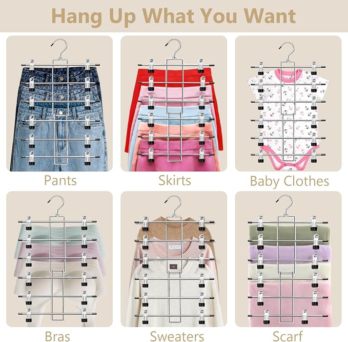 Pants Hangers with Clips, Space Saving Hanging Closet Organizer-6 Tiers Skirt - Image 4