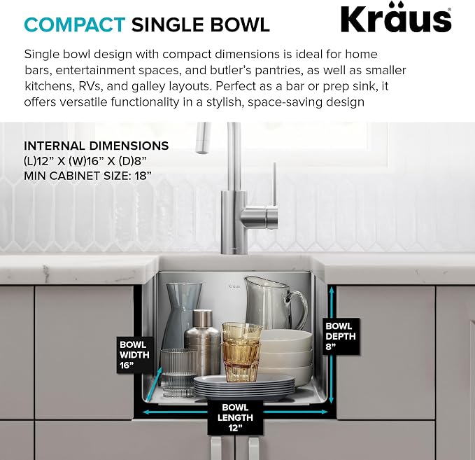 KRAUS Standart Pro 14 -inch Undermount Single Bowl 16 Gauge Stainless Steel Bar - Image 7