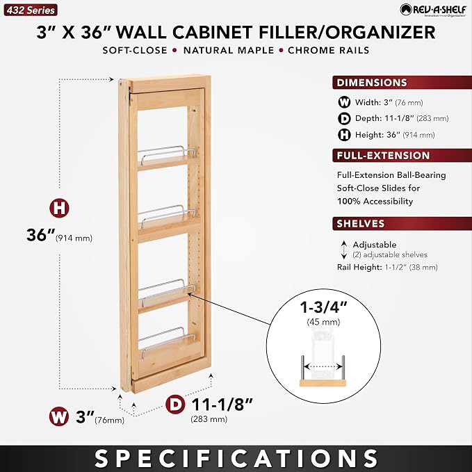Rev-A-Shelf Kitchen Cabinet Pullout Wall Filler Wooden Organizer Slide Out - Image 3