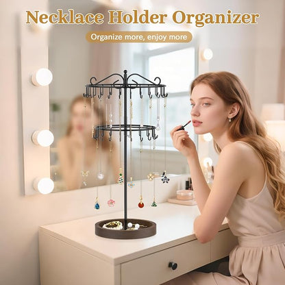 MODOWEY Rotating Necklace Holder Stand Organizer, 2 Tier Adjustable Extra Tall - Image 6