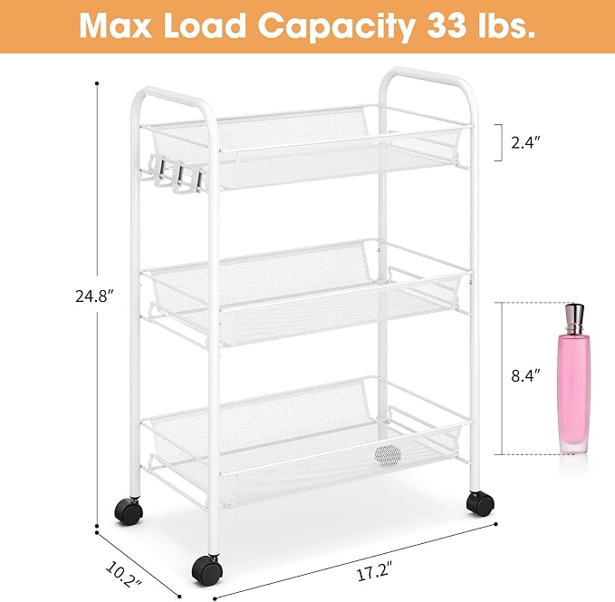 TOOLF 3-Tier Metal Rolling Cart, Mesh Wire Easy Assemble Utility Cart, Storage - Image 6