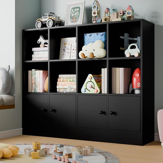 Cozy Castle Black Wood Bookcase, 12 Cube Storage Organizer Bookshelf - Image 3