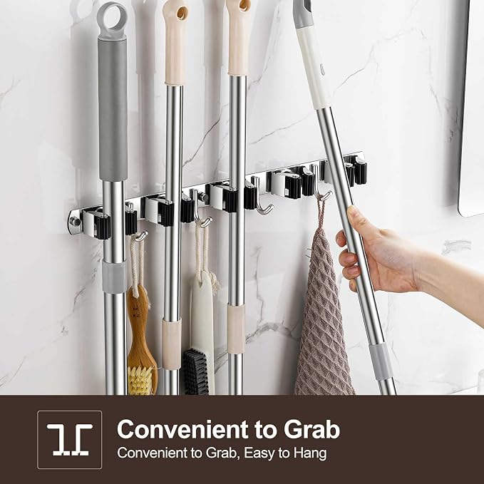 2 Pack Wall Mount, Stainless Steel Broom Hanger, Heavy Duty Mop and Broom - Image 2