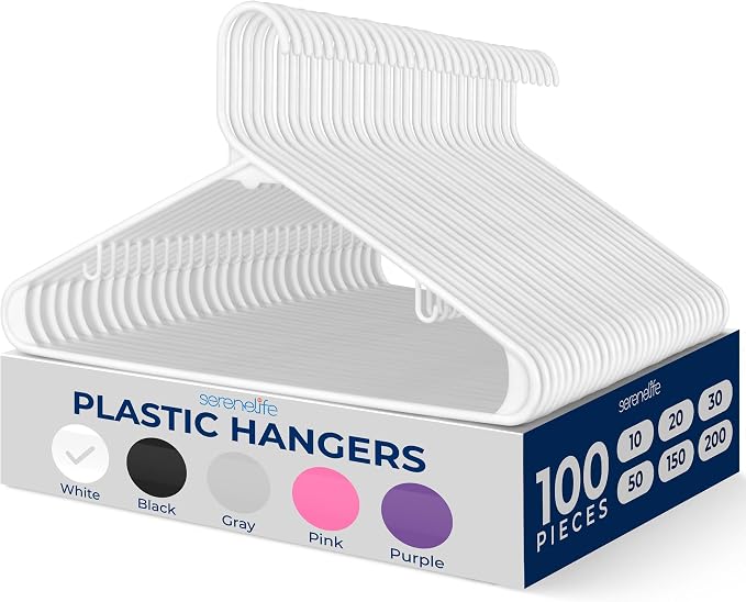 SereneLife 100 Pack Plastic Hangers, Space-Saving Closet Organizers, Durable by SereneLife