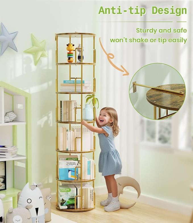 6 Tier Rotating Bookshelf Tower Round, 74” Tall Spinning Bookshelf Tower - Image 6