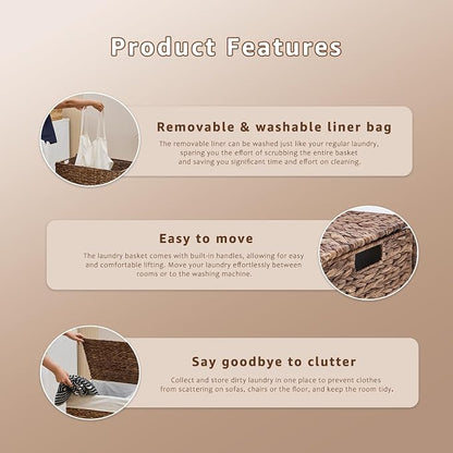Laundry Hamper with Lid and Removable Liner Bag, Handwoven Natural Hyacinth - Image 3
