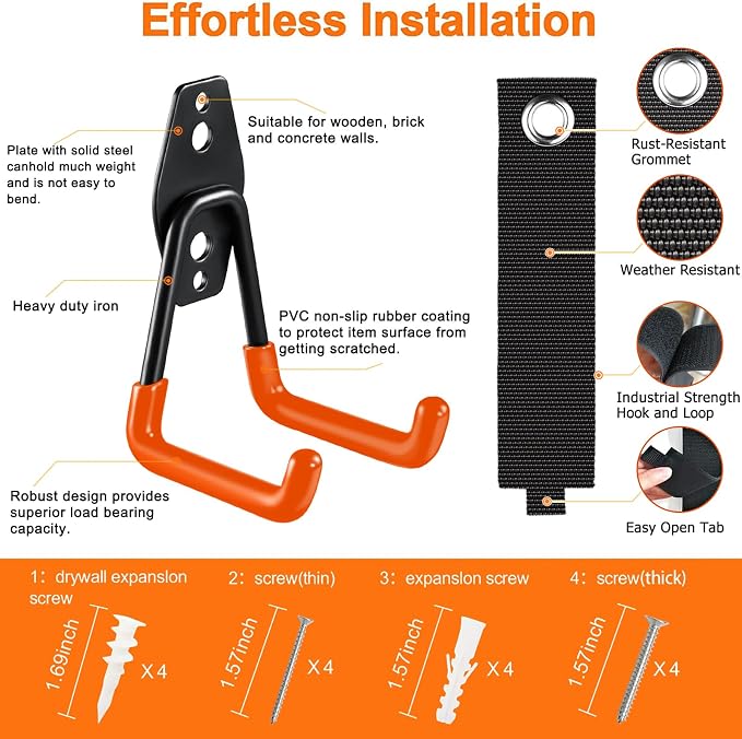 Heavy Duty Garage Hooks 4 Pack, 7.7 inch U Shaped Long Hanger, - Image 3