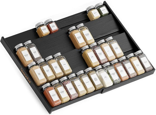 SpaceAid Bamboo Black Spice Drawer Organizer, Expandable 4 Tier Spices Rack by SpaceAid
