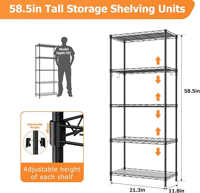 Storage Shelves, 21.3" W x 11.8" D x 58.5" H Wire Shelving Unit Loads 550LBS - Image 3