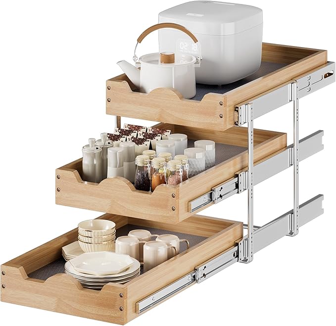 DINDON 3 Tier Pull Out Cabinet Organizer 11” W X21” D Slide Out Wood Drawer by DINDON