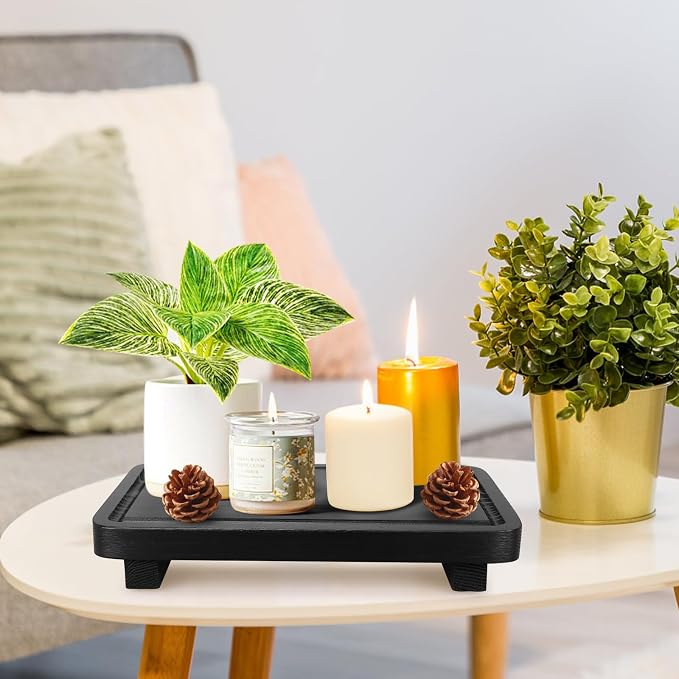 Black Bathroom Counter Organizer Tray Wood Riser Kitchen Countertop Trays - Image 5