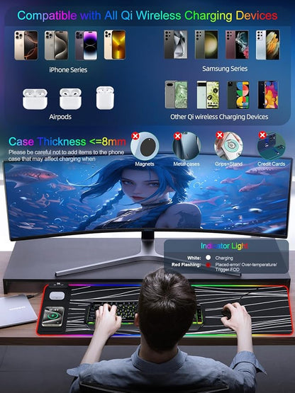 XXL Mouse Pad with Phone Holder, RGB Desk Mat with 15W Fast Charging, LED Large - Image 3