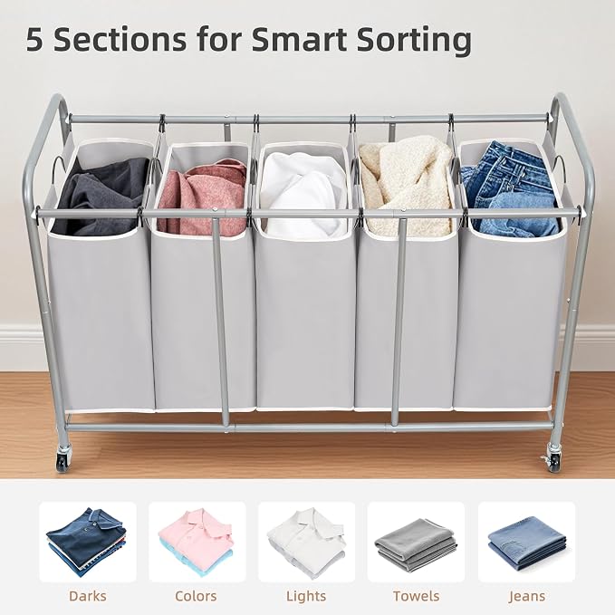 STORAGE MANIAC 5 Section Laundry Sorter, 5 Bins Rolling Separator Laundry Basket - Image 5