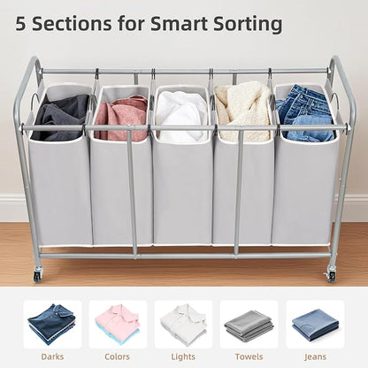 STORAGE MANIAC 5 Section Laundry Sorter, 5 Bins Rolling Separator Laundry Basket - Image 5