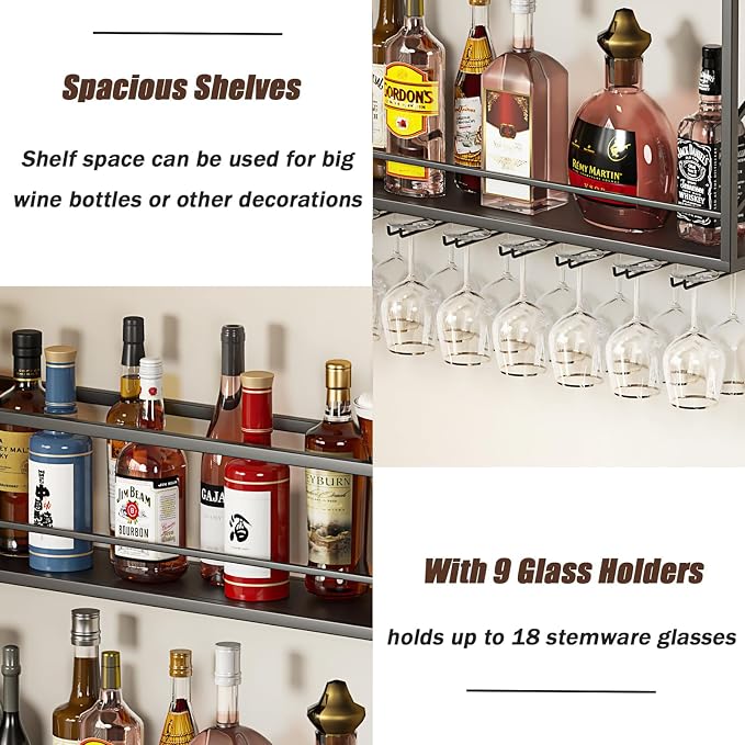 Wall Mounted Wine Rack with Glass Holder，Stylish Mini Floating Bar Shelves - Image 5