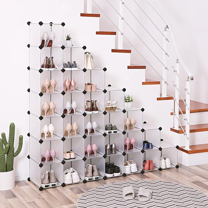 SONGMICS Shoe Rack with 32 Cubes, Interlocking Plastic Shoe Organizer, DIY - Image 2