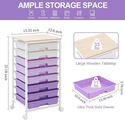 Rolling Cart with Drawers, Utility Cart With 8 Drawers and Wooden Tabletop - Image 2