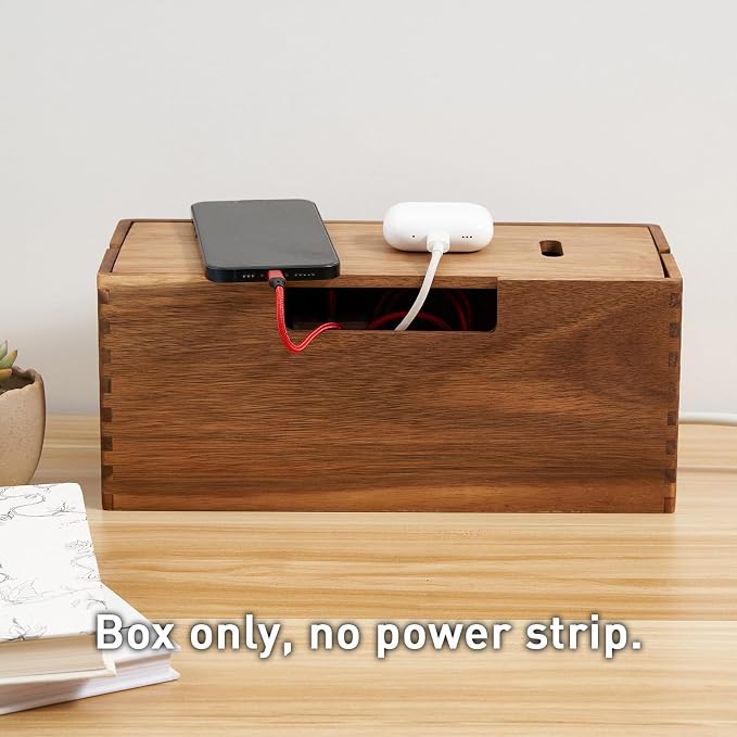 Acacia Wood Cable Management Box, Wooden Cord Hider & Organizer - Image 5