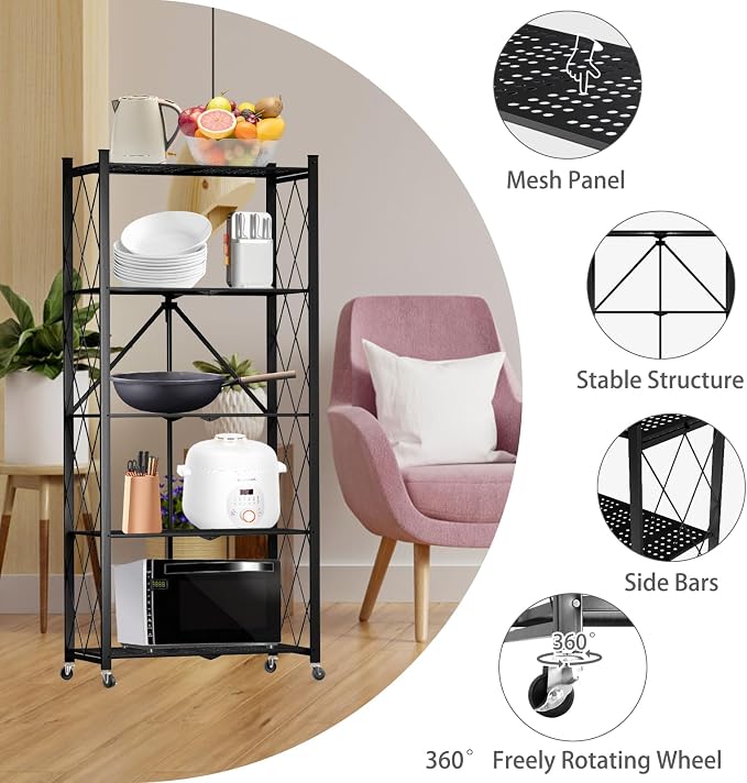 5 Tier Folding Shelf with Wheels, Metal Steel Collapsible Shelves, No Assembly - Image 6