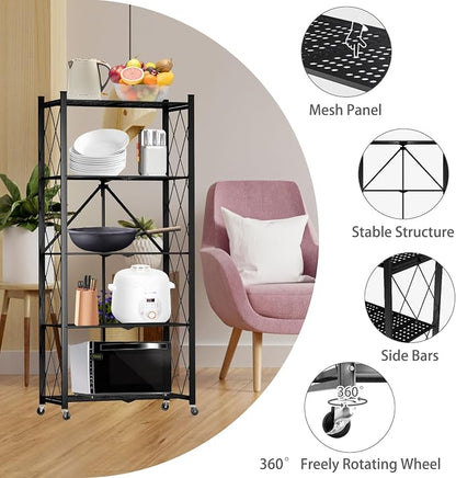 5 Tier Folding Shelf with Wheels, Metal Steel Collapsible Shelves, No Assembly - Image 6