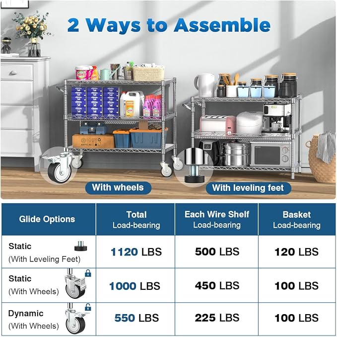 Leteuke 1120LBS Heavy Duty Rolling Utility Cart, 3 Tier Rolling Carts - Image 4