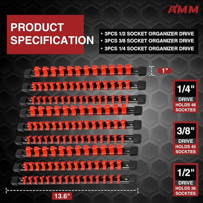 AMM 9-Piece Socket Organizer, 3/8 & 1/4 inch Drive ABS Socket Holder, Heavy - Image 2