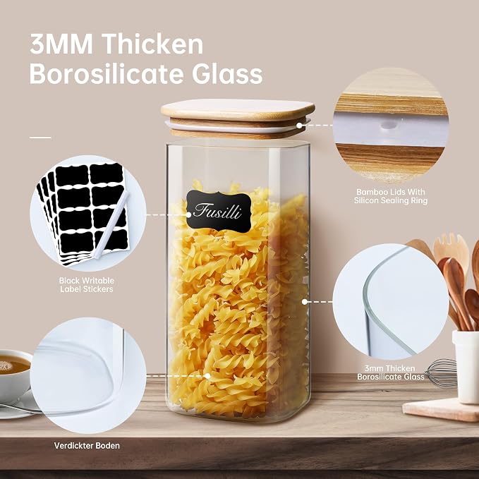 Square Glass Jars with Bamboo Lids 53 FL OZ, Glass Canisters with Airtight Lid - Image 3