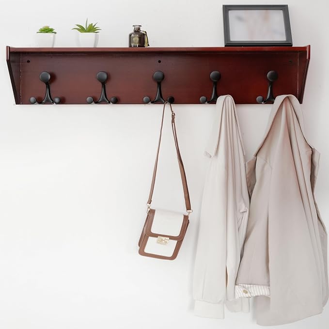WEBI Wall Shelf with Hooks Underneath, 35” Long Wall Mounted Coat Rack with - Image 2