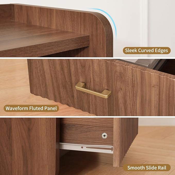 Night Stand with Charger Station, Fluted Nightstands Set of 2 with Drawer - Image 6