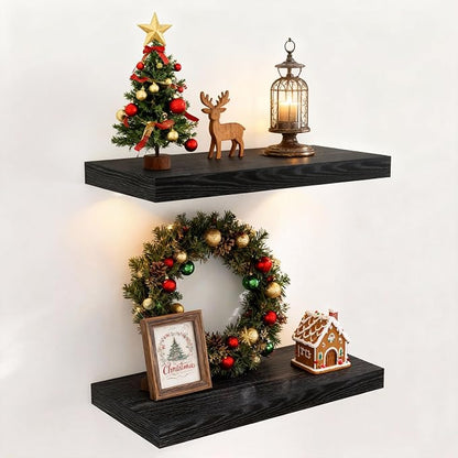 Black Floating Shelves for Wall, 16 Inch Wall-Mounted Bathroom Shelves Set of 2 by FunMemories