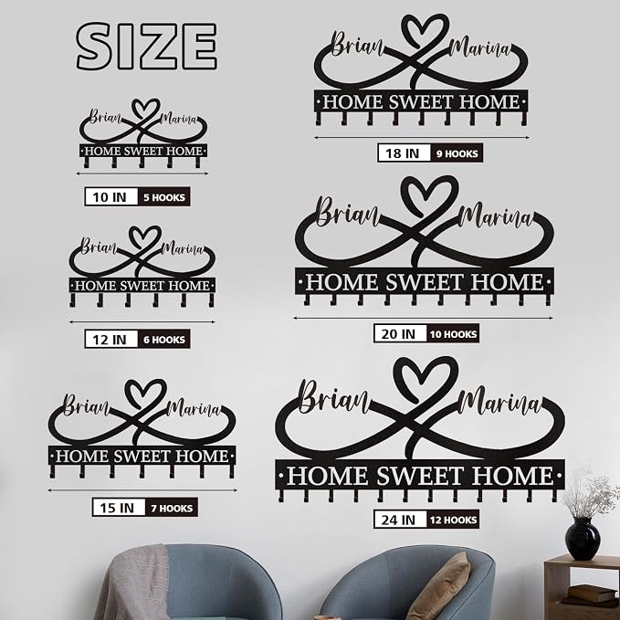 Personalized Couple's Name Key Rack, Wall Mounted Metal Key Holder - Image 5