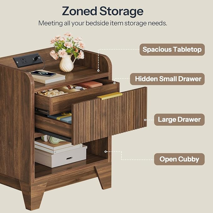 HOOBRO Fluted Nightstand with Charging Station, End Table with Hidden Drawer - Image 4