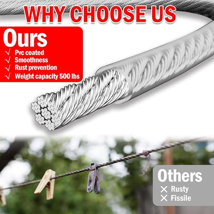 40ft Clothes Line Outdoors 3/16" Wire Ropes Silver PVC Coating Laundry Drying - Image 4