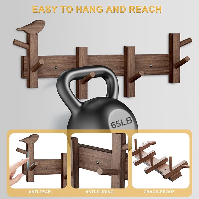 Coat Rack Wall Mount，Solid Acacia Wall Mounted Coat Rack - Image 5