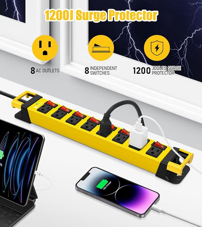 Heavy Duty Power Strip with Individual Switches, 8 Outlets 14 Gauge Industrial - Image 2