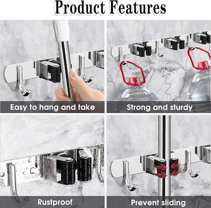 3 Racks and 4 Hooks Broom and Mop Holder Wall Mounted Garage Organizer Storage - Image 2