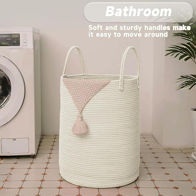 Large Woven Laundry Basket Hamper, 100L Cotton Rope Storage Bin - Image 5