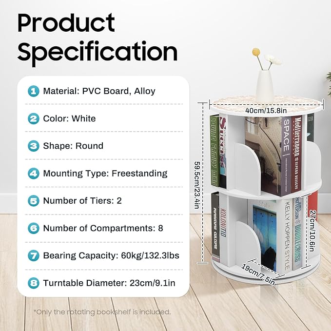 2-Tier Rotating Bookshelf 360° Revolving Bookcase, Floor Standing Bookcase Book - Image 2
