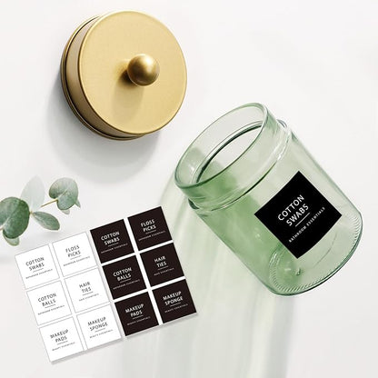 Amolliar Sage Green Qtip Holder, Glass Apothecary Jar Metal Lid & Stickers - Image 3