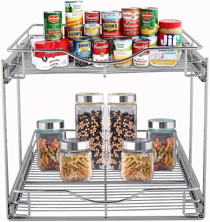 DINDON 2 Tier Pull Out Cabinet Organizer, Double Tier Wire Basket Slide Out - Image 8